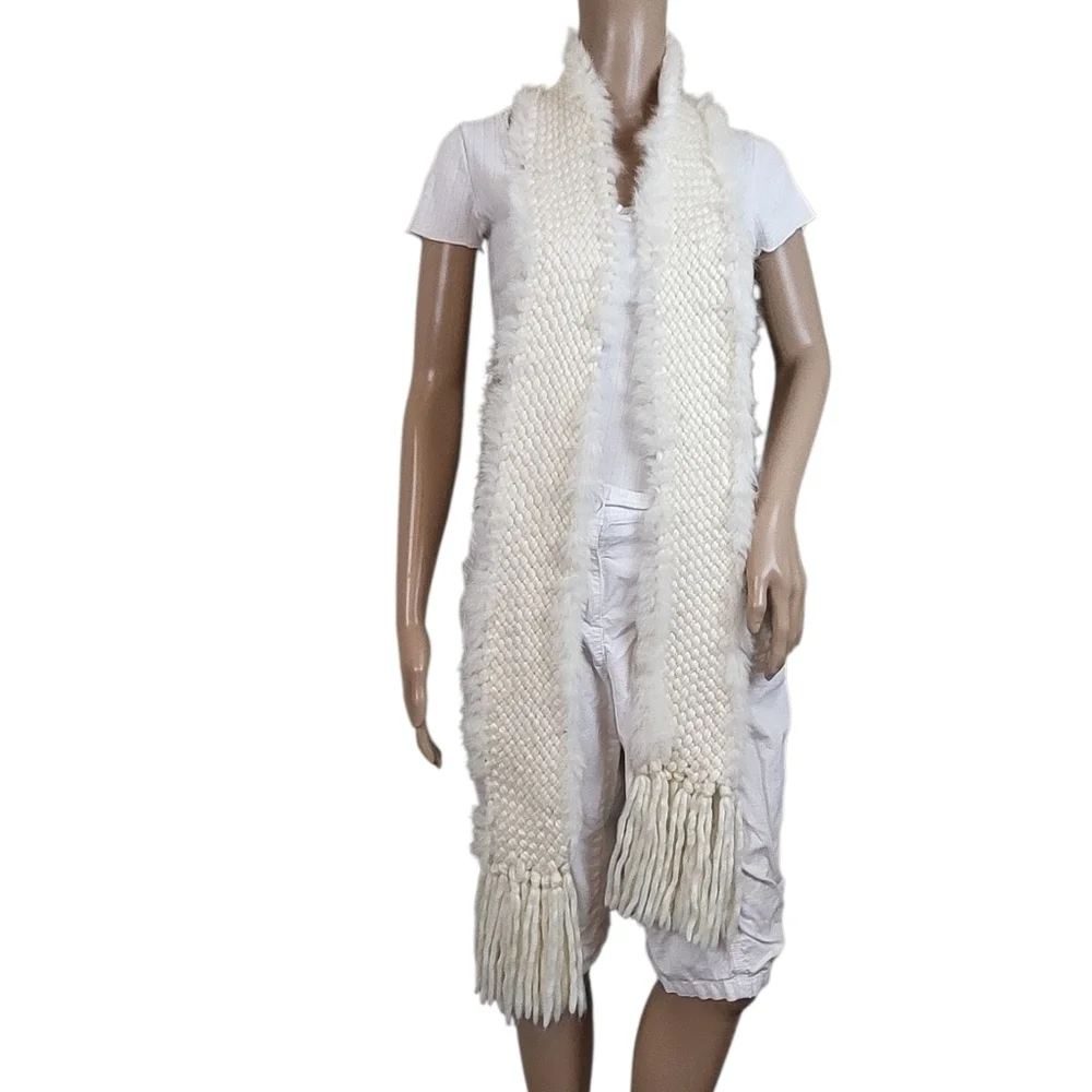Women's Angora Braided Fringe Knit Scarf White